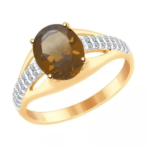 Кольцо из золочёного серебра с раухтопазом и фианитами