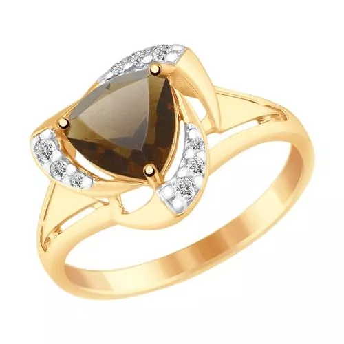 Кольцо из золочёного серебра с раухтопазом и фианитами