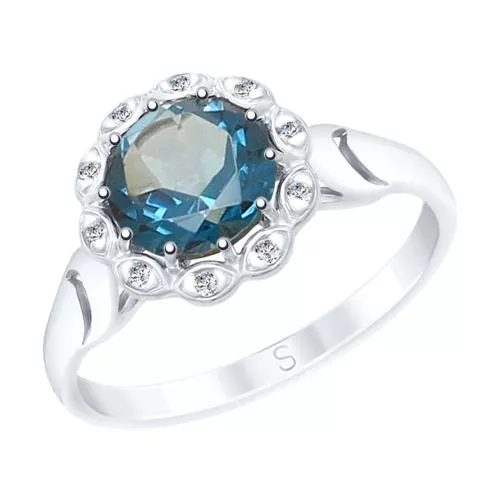 Кольцо из серебра с синим топазом и фианитами