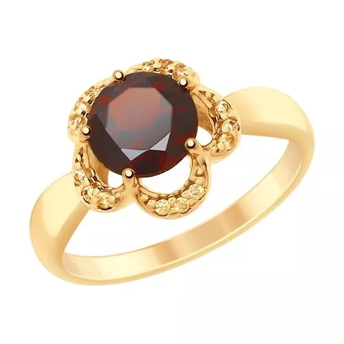 Кольцо из золочёного серебра с гранатом и фианитами