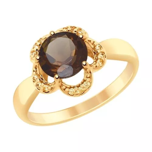 Кольцо из золочёного серебра с раухтопазом и фианитами