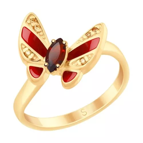 Кольцо из золочёного серебра с эмалью и гранатом и фианитами