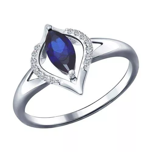 Кольцо из серебра с корундом сапфировым (синт.) и фианитами