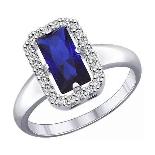 Кольцо из серебра с корундом сапфировым (синт.) и фианитами