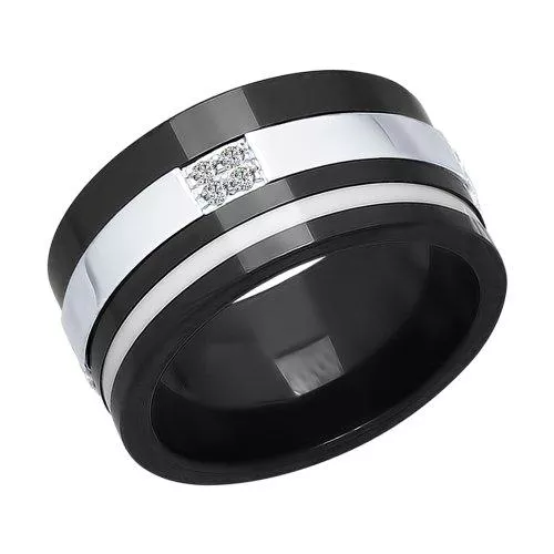 Широкое керамическое кольцо с серебром и фианитами