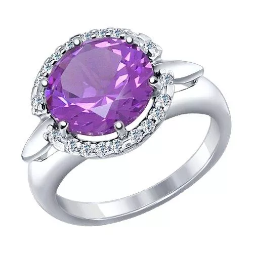 Кольцо из серебра с сиреневым ситаллом и фианитами
