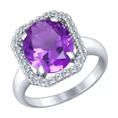 Кольцо из серебра с сиреневым ситаллом и фианитами