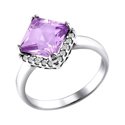 Кольцо из серебра с аметистом и фианитами