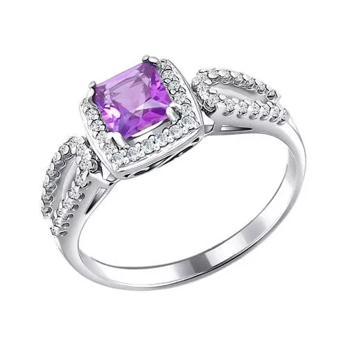 Кольцо из серебра с аметистом и фианитами
