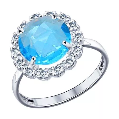 Кольцо из серебра с голубой стеклянной вставкой и фианитами