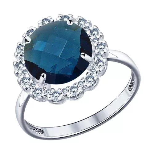 Кольцо из серебра с синей стеклянной вставкой и фианитами