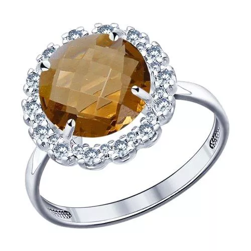 Кольцо из серебра с коричневой стеклянной вставкой и фианитами