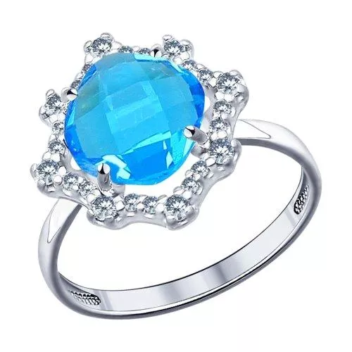 Кольцо из серебра с голубой стеклянной вставкой и фианитами