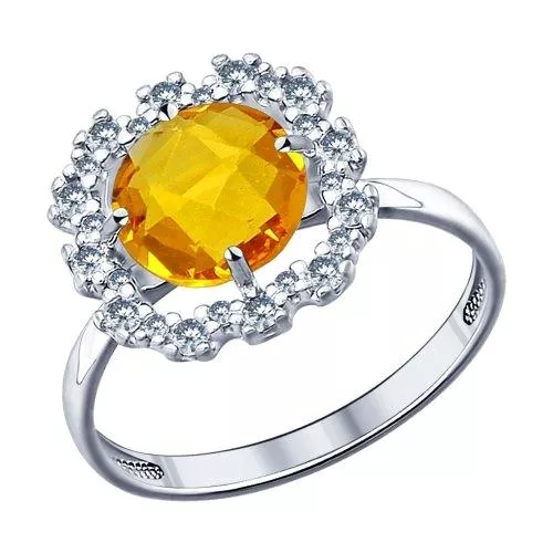 Кольцо из серебра с жёлтой стеклянной вставкой и фианитами