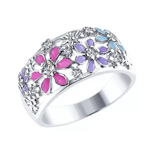 Широкое кольцо с цветами из разноцветной эмали