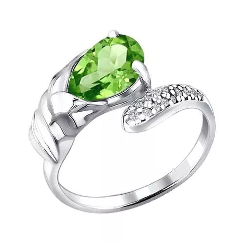 Кольцо из серебра с фианитами и хризолитом