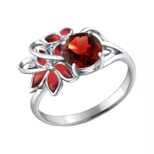 Кольцо из серебра с эмалью с гранатом и фианитами