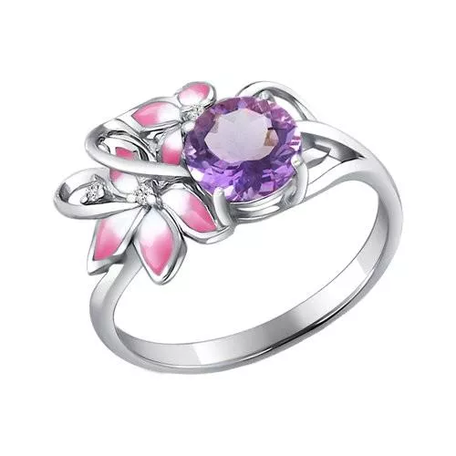 Кольцо из серебра с эмалью с аметистом и фианитами