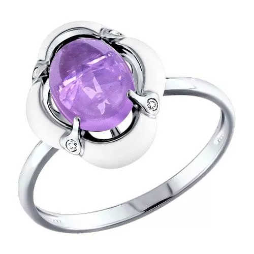 Кольцо из серебра с эмалью с аметистом и фианитами