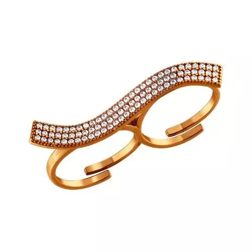 Позолоченное кольцо на два пальца с россыпью фианитов