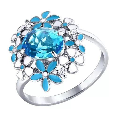 Кольцо из серебра с эмалью с топазом и фианитами