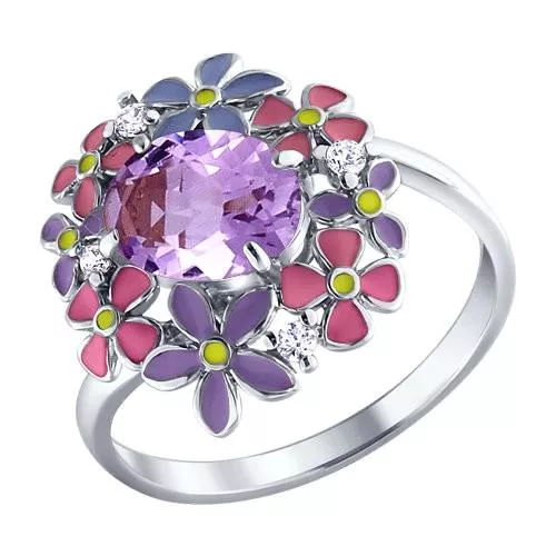 Кольцо с цветами из равноцветной эмали и аметистом