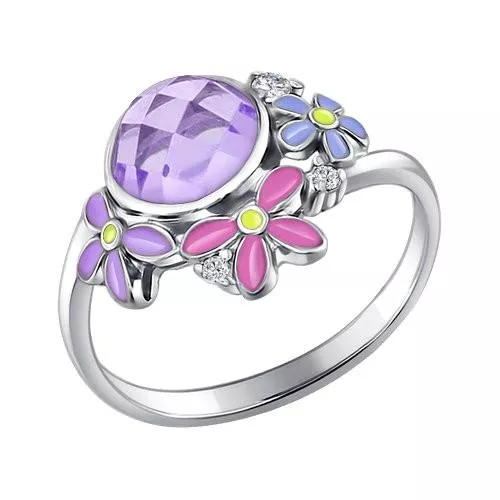 Кольцо из серебра с эмалью с аметистом и фианитами
