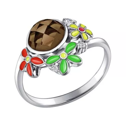 Кольцо из серебра с эмалью с раухтопазом и фианитами