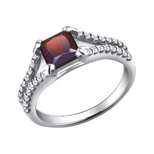 Кольцо из серебра с гранатом и фианитами