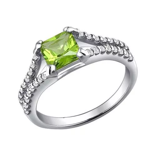 Кольцо из серебра с фианитами и хризолитом