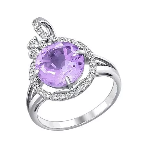 Кольцо из серебра с аметистом и фианитами