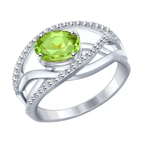 Кольцо из серебра с фианитами и хризолитом