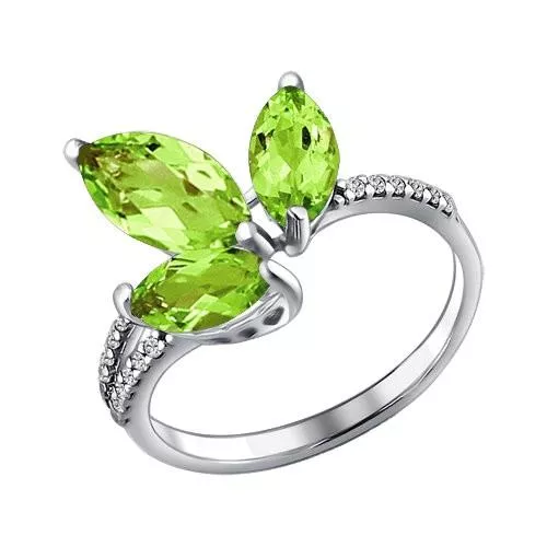 Кольцо из серебра с фианитами и хризолитами