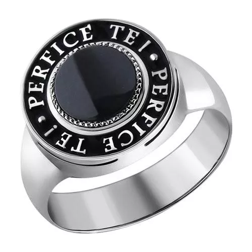 Печатка из серебра с ониксом и надписью на чёрной эмали