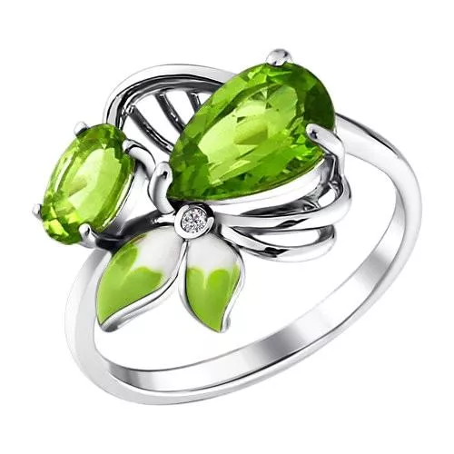 Кольцо - серебряный цветок с эмалью и хризолитами