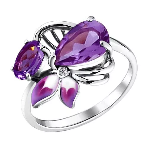 Кольцо из серебра с эмалью c аметистами и фианитом «Лепестки фрезий»