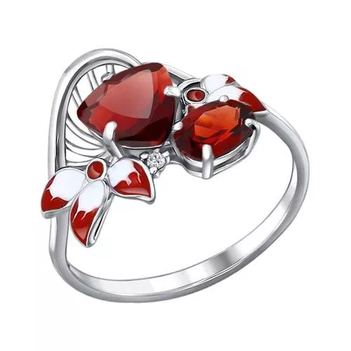 Кольцо из серебра с эмалью с гранатами и фианитом