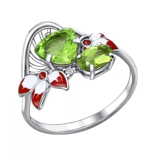 Кольцо из серебра с эмалью с фианитом и хризолитами