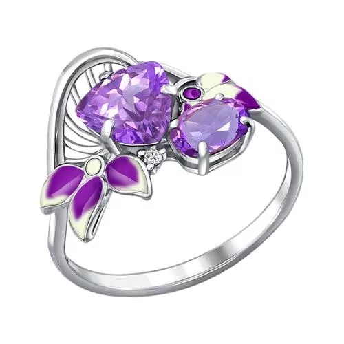 Кольцо из серебра с эмалью с аметистами и фианитом