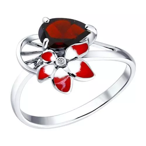 Кольцо из серебра с эмалью с гранатом и фианитом