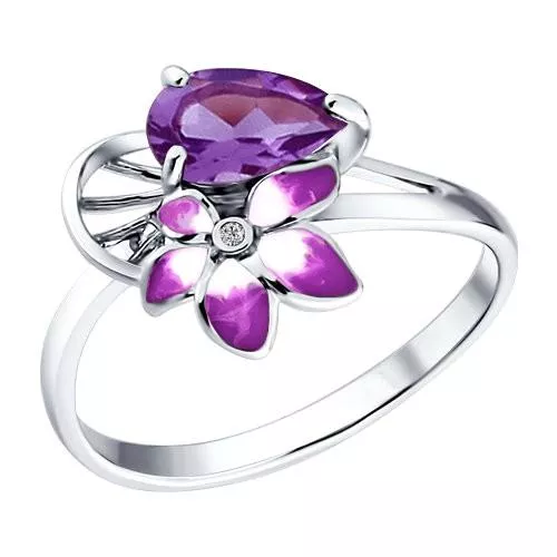 Кольцо из серебра с эмалью c фианитом и аметистом «Фрезия»