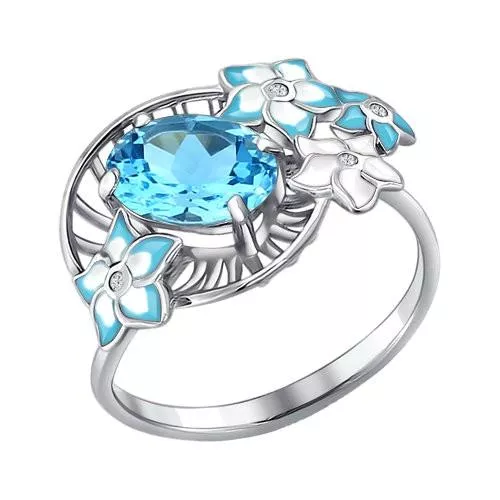 Кольцо из серебра с эмалью с топазом и фианитами