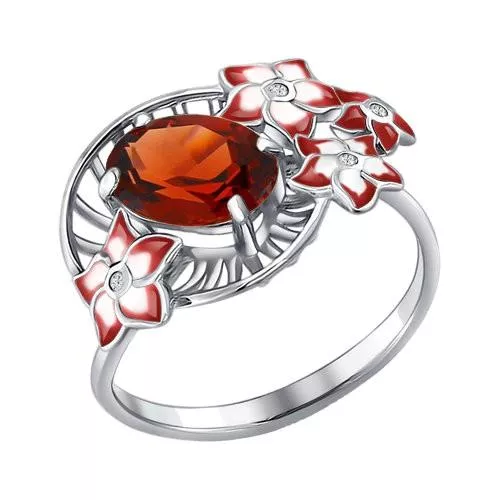 Кольцо «Цветы» c красной эмалью и гранатом