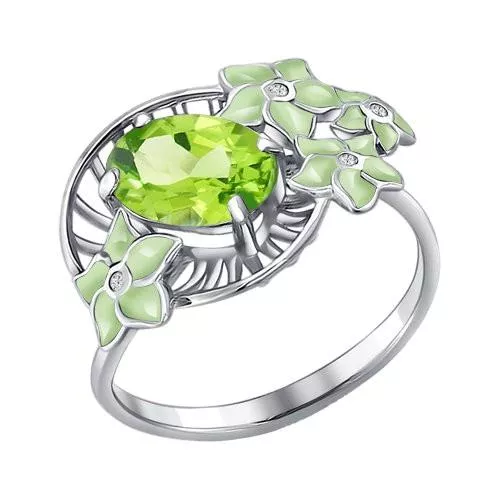 Кольцо из серебра с эмалью с фианитами и хризолитом