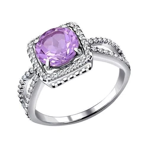 Кольцо из серебра с аметистом и фианитами