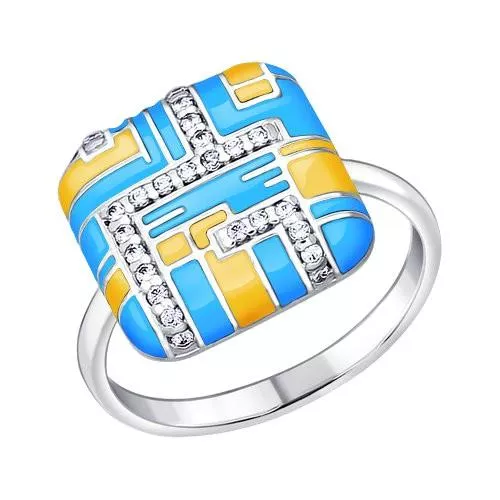 Кольцо геометрия из серебра с эмалью и фианитами