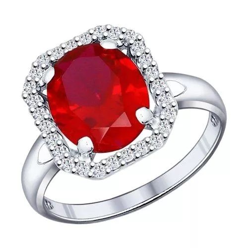 Кольцо из серебра с корундом рубиновым (синт.) и фианитами