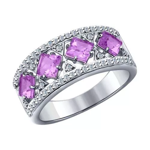 Кольцо из серебра с аметистами и фианитами