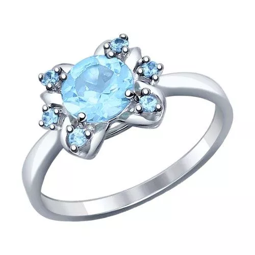 Кольцо из серебра с голубым топазом и голубыми фианитами