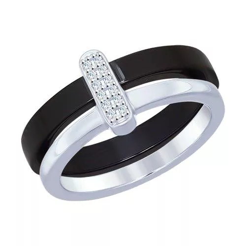 Кольцо из серебра с чёрной керамикой и фианитами